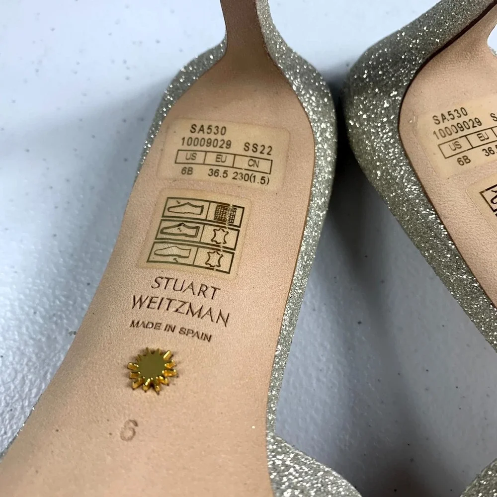 Stuart Weitzman Soiree Sleek 75 4503730159 Slide Womens 6 Platino Glitter Sandal